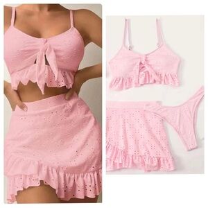 3pc Pink Cami Top Tie Front High Cut Bikini Set with Skirt